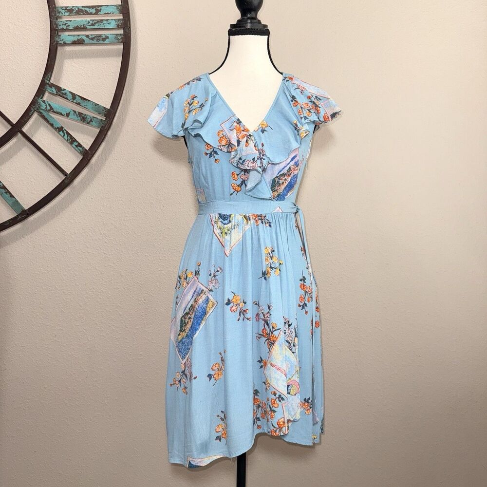 Anthropologie Maeve Petite Dress Size 2P Blue Floral Scenic Faux Wrap EUC